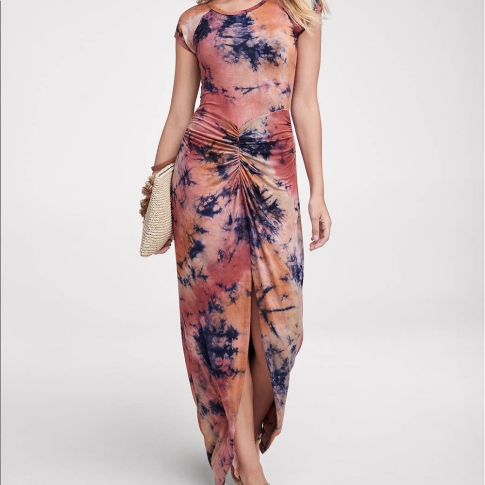 NWT VENUS Ruched Tie Dye Maxi Dress size Small Color Rust Multi Maxi Dress Slit